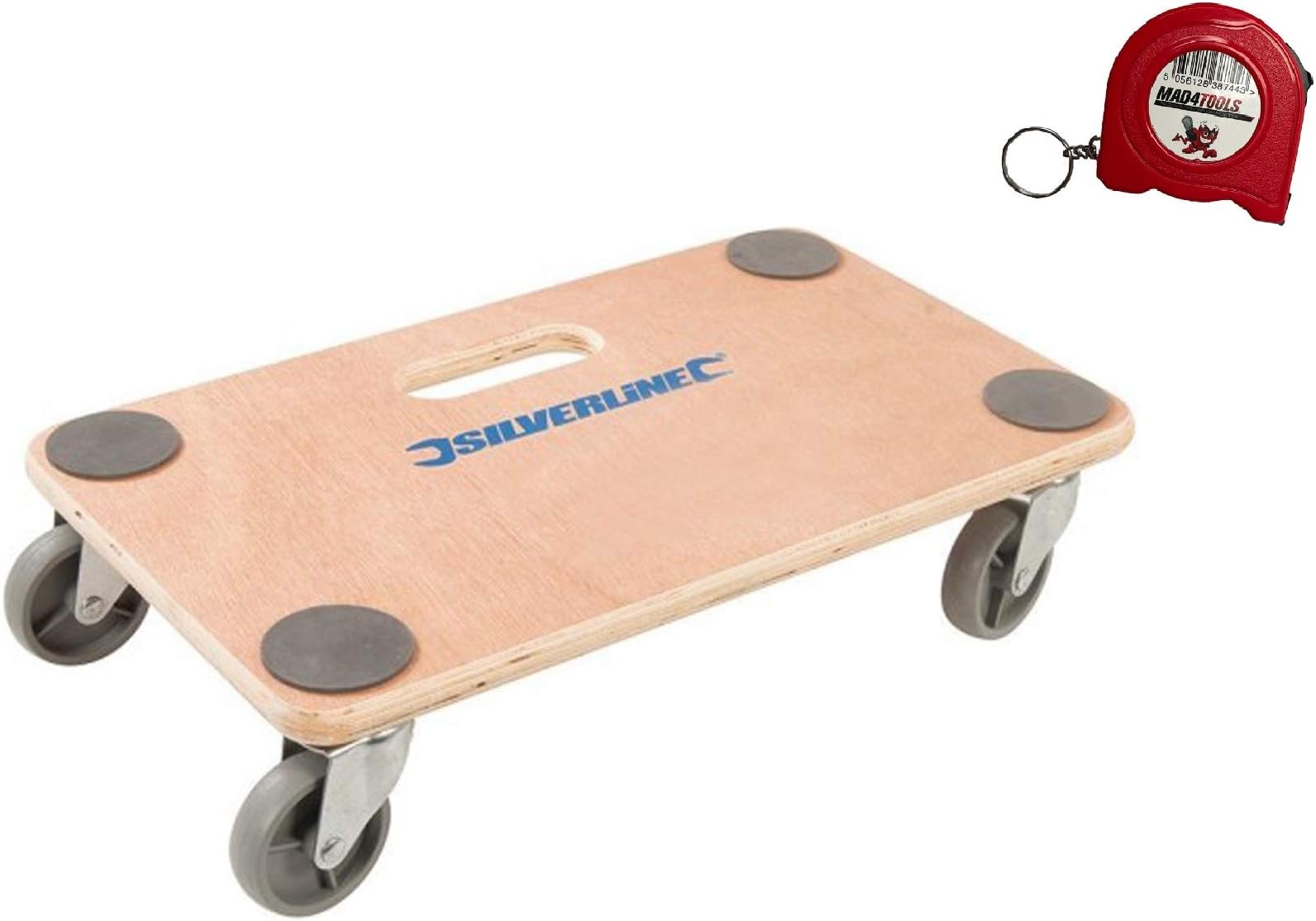 Silverline Dolly Trolley Platform 150kg Wheeled Wooden Board Transporter and 2M Tape Measure
