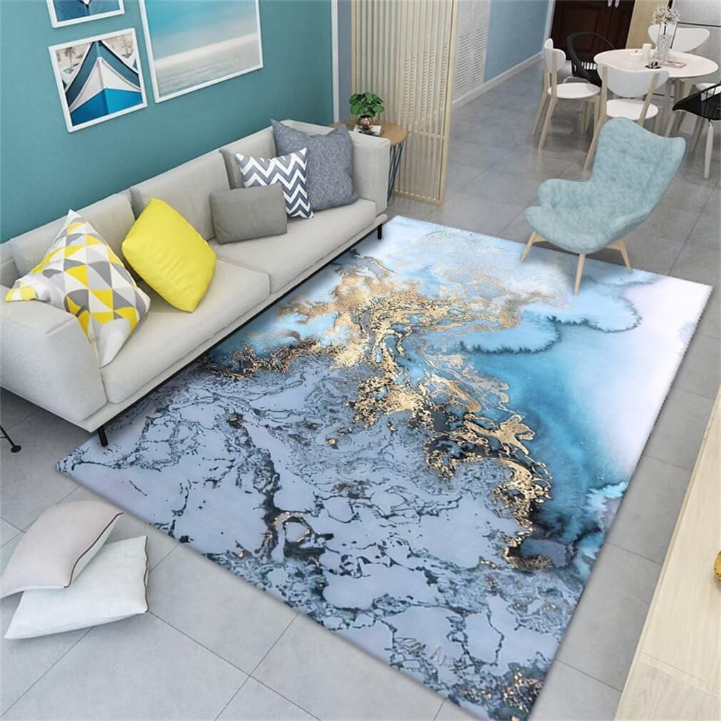 Tapis de jeu enfant lavable bleu 70x140 cm style peinture moderne pour salon
