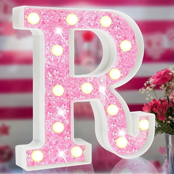 Pink Light Up Letters, Glitter Alphabet Letter Sign Pink LED Marquee Letter Lights Battery Powered for Night Light Girls Bedroom ，Birthday Party (R)