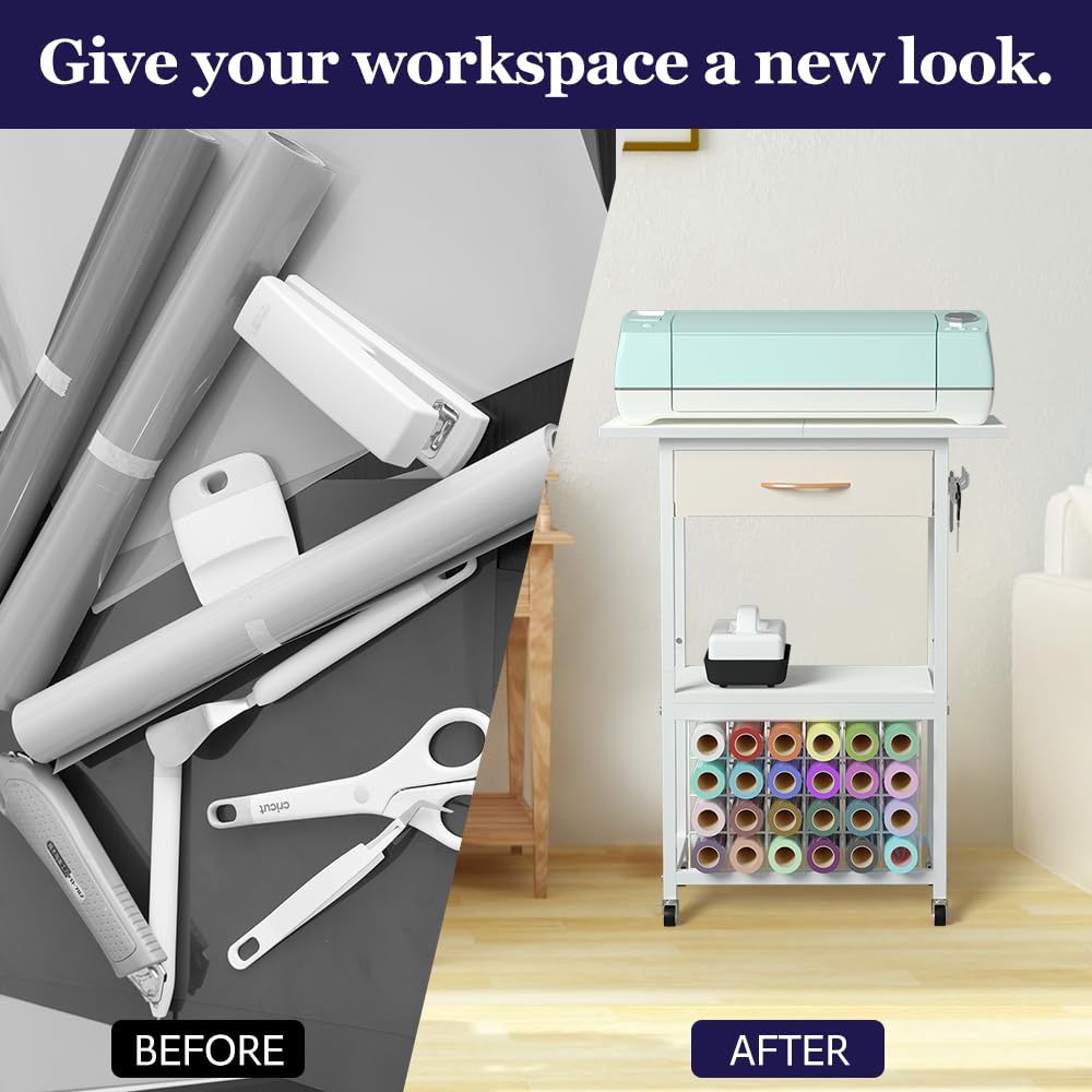 Organizzatori e contenitori compatibili con macchine Cricut, carrello portaoggetti con cassetto, tavolo artigianale con supporti per rotoli in vinile, postazione di lavoro con ruote, bianco