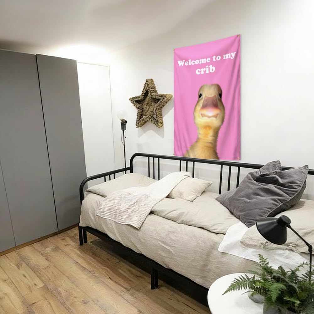 Welcome to My Crib Flag 2x3 Feet Funny Tapestry with 4 Brass Grommets for College Dorm Living Room Bedroom Home Office Wall Decor or Outdoor Courtyard Decor (pink)