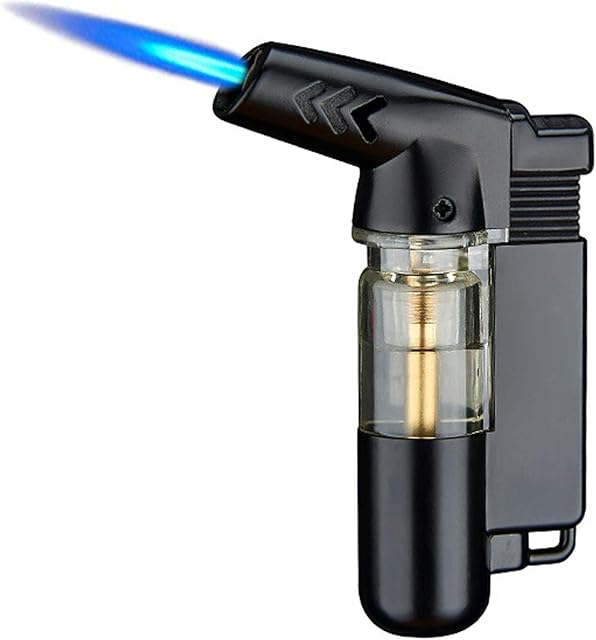 Novelty Metal Jet Lighter, Windproof Torch Lighter with Visible Window and Key Ring, Gas Lighter for Candle Kitchen Fireplace, Refillable and Adjustable Flame Size (Not Including Butane) (Black)