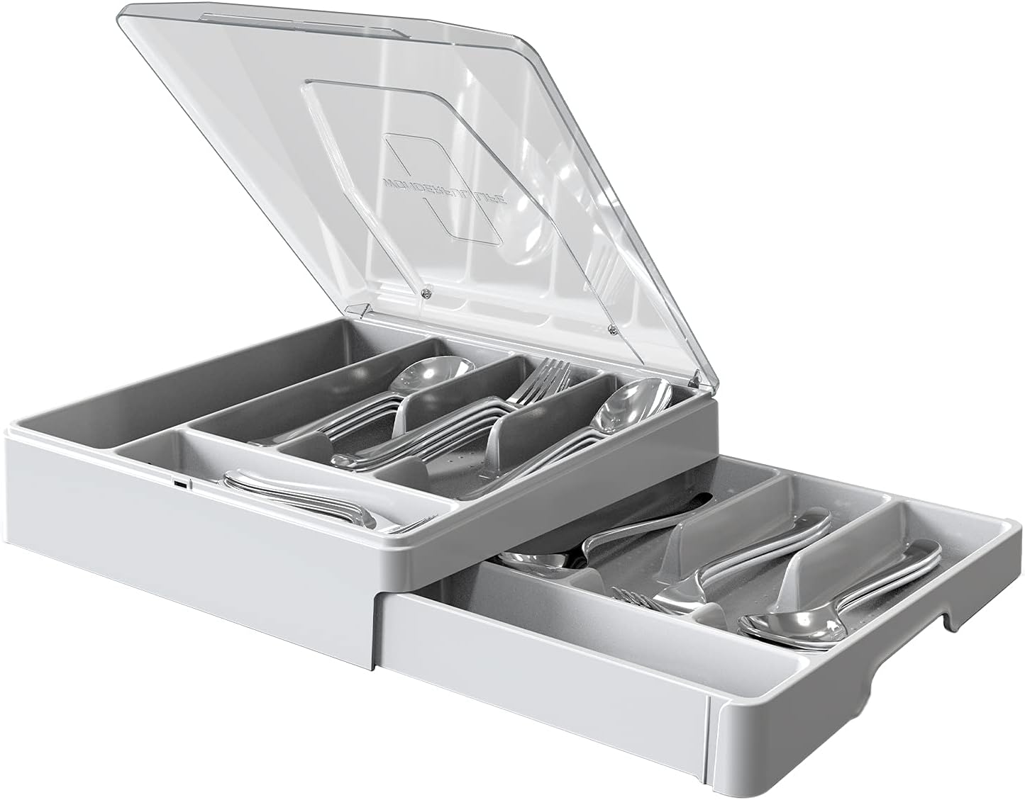 Geerna Double Layer Silverware Tray with Lid, Utensil Holder for Countertop Flatware Organizer for Kitchen Drawers with 2 Tier Cutlery Tray and 9 Compartments Silverware Storage Bin (White)