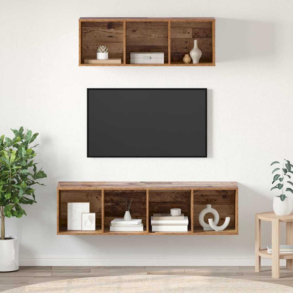 TV-Schrankset Wandmontiert 2-teilig, Altholz Optik, Holzwerkstoff, schwebendes Lowboard für Wohnzimmer, Media Center, 37x37x142,5 cm