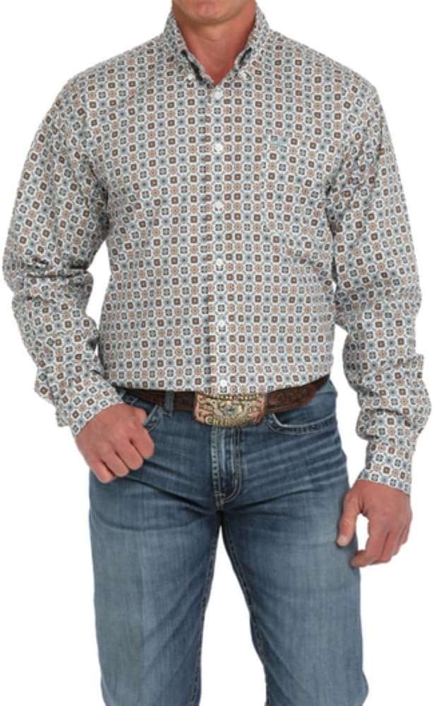 Cinch Men's White Print Long Sleeve Button Down Shirt