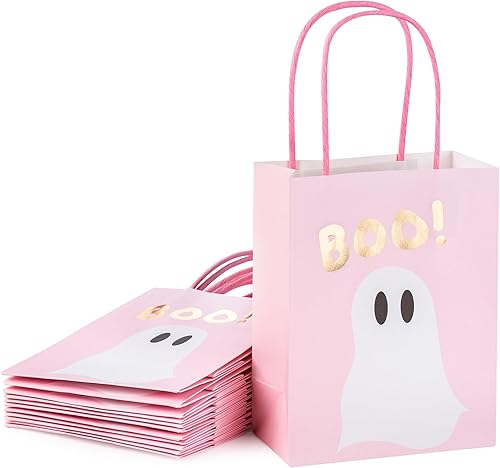 WRAPAHOLIC Paquete de 12 pequeñas bolsas de regalo de papel kraft de Halloween de 7 pulgadas, diseño de fantasma rosa para Halloween, vacaciones,