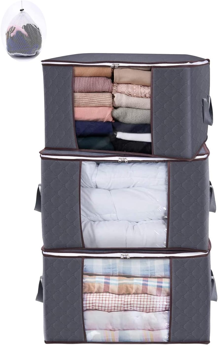 Cosy Homes Foldable Comforter Storage Bag with Laundry Bag, 3 Pack Large Organizers for Blankets, Pillow, Quilts, Linen, Storage Containers with Thick Fabric, Sturdy Zipper