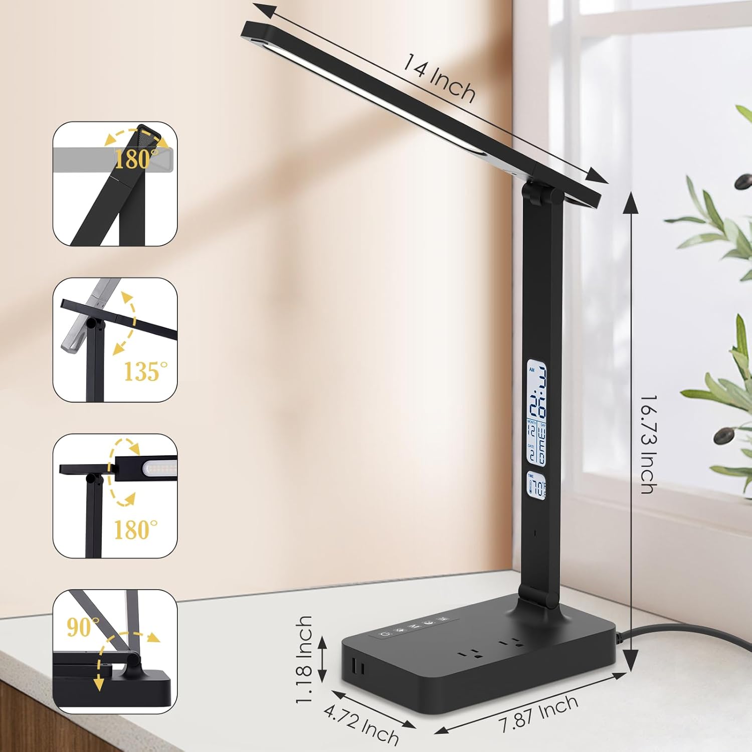 Power Strip with LED Desk Lamp: Table Lamp with Charging Station - 2 Outlets 1 USB-A Ports 1 Type-C Ports, Surge Protection and Led Display, 5ft Extension Cord, 5 Color Modes 5 Brightness