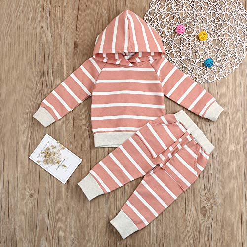 Younger Tree Baby Girl Boy Cotton Winter Clothing Set Long Sleeve Striped Hoodie Sweatshirt Tops + Pants Outfit Sets Infant Fall Clothes (Pink Stripes,6-12 Months) #TOP2