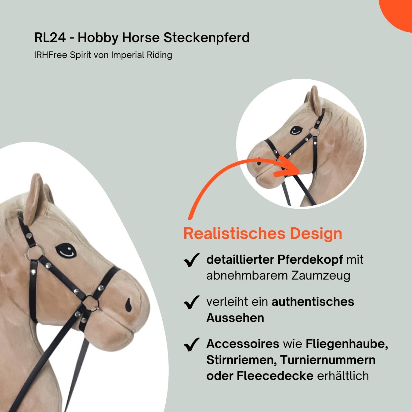 RL24 - Hobby Horse Pferde IRHFree Spirit von Imperial Riding – Steckenpferd – Spielpferd aus Plüsch mit Holzstock & kurzer Mähne – Stockpferd ohne Griffe & Rollen – Hobby Horsing – Beige