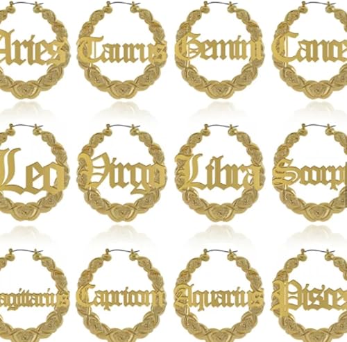 Miniatura 7 de Zodiac - Aretes de aro XOXO de bambú con letra inglesa antigua para mujeres y niñas, aretes de astrología, joyería de moda, chapados en oro de 14