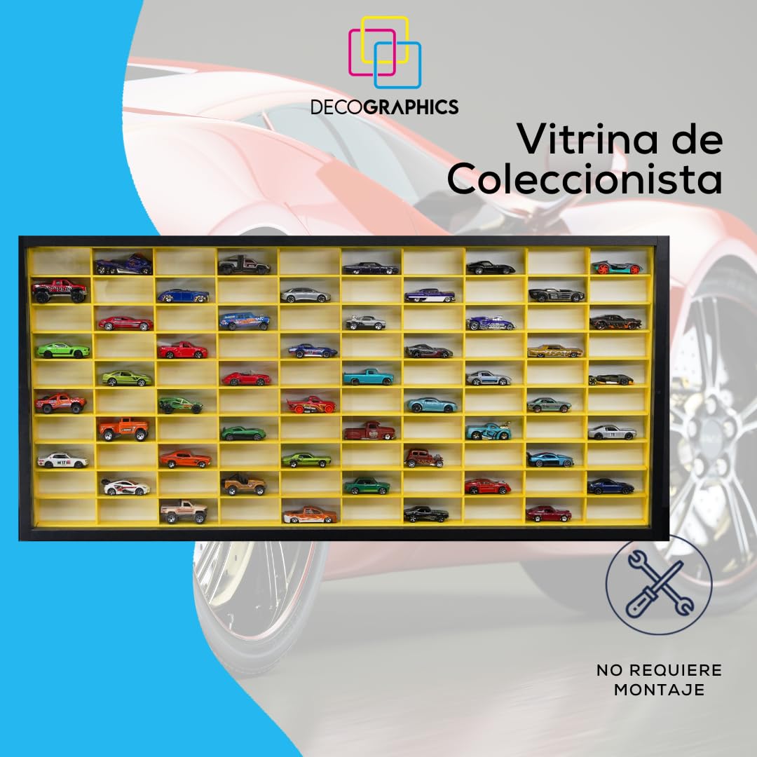 Vitrina Expositor H100 MN C-P | Compatible con Hot Wheels | Capacidad 100 Coches | Vitrina para colección | Organizador de Coches |con Puerta | (Negro-Interior-Amarillo)