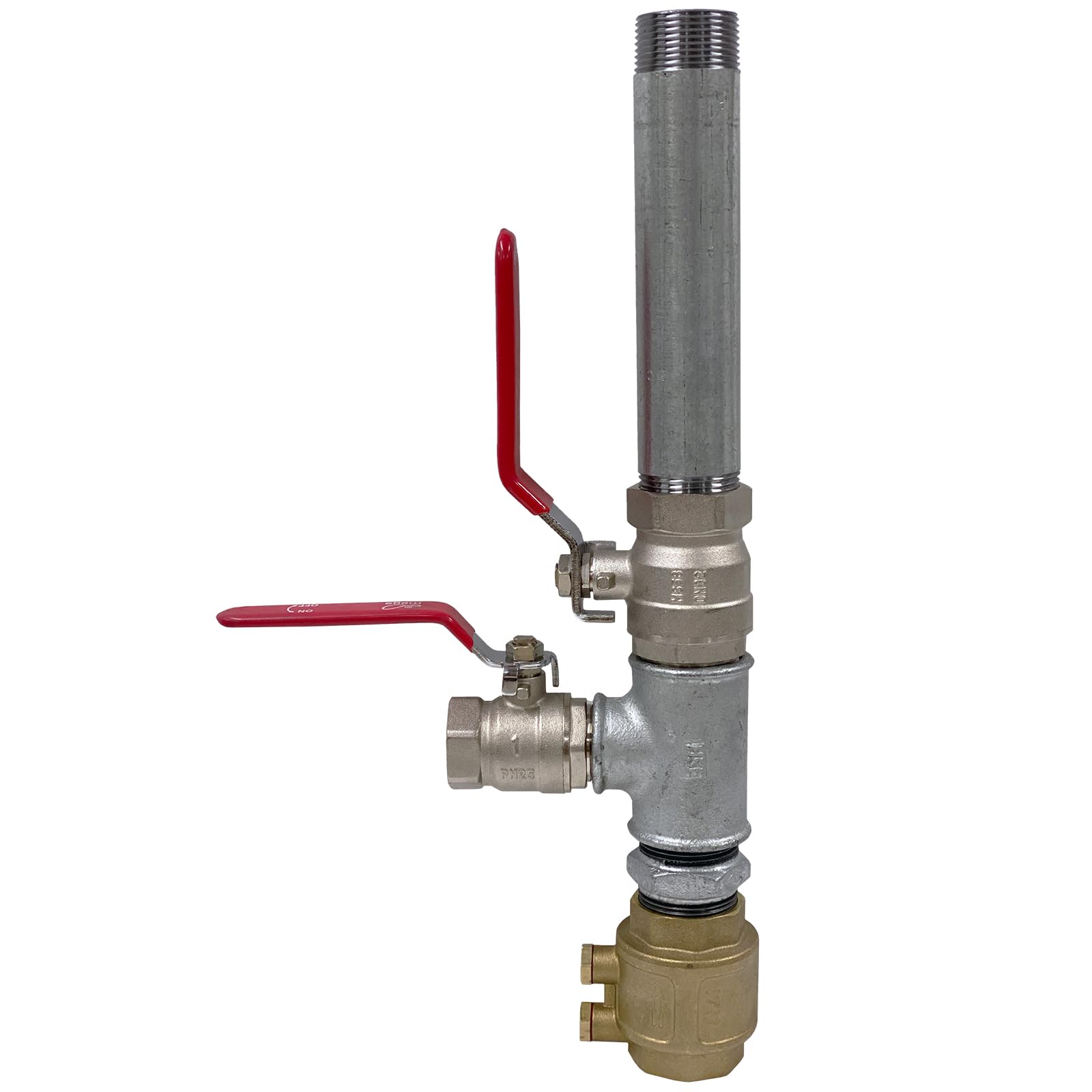 Doppelter Pumpenstock 1 1/4" (5/4") mit 2 Kugelhähnen & Rückschlagventil – Anschluss für Hand- & Elektropumpe – Rammbrunnen & Gartenpumpe (Doppelter Pumpenstock inkl. Schlauchanschluss-Set 500 mm)