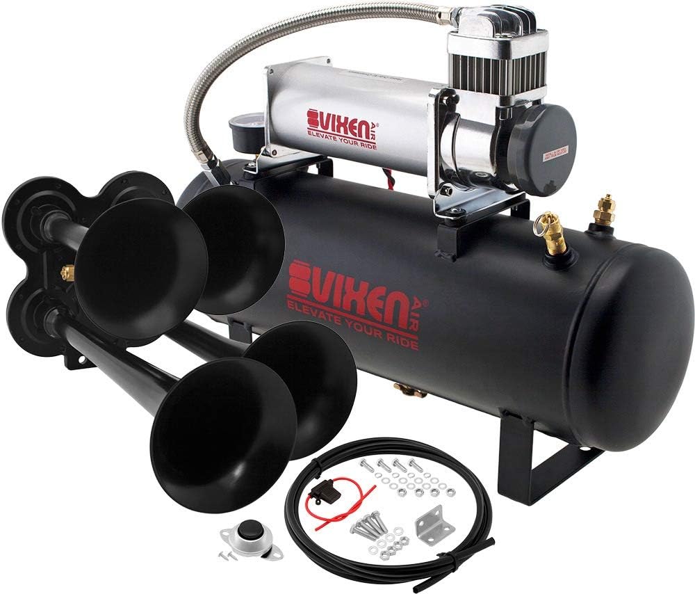 Vixen Horns Train Horn Kit for Trucks/Car/Semi. Complete Onboard System- 200psi Air Compressor, 2.5 Gallon Tank, 4 Trumpets. Super Loud dB. Fits Vehicles like Pickup/Jeep/RV/SUV 12v VXO8580/4114B