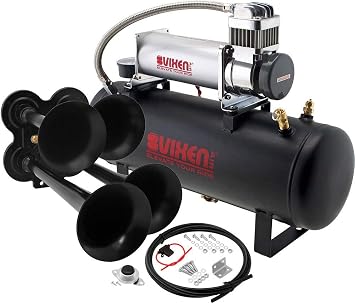 Vixen Horns Train Horn Kit, 4 Trumpets, 200 PSI Compressor, 2.5 Gallon Tank All-in-One Onboard Air Horn Kit, Super Loud dB, Fits 12V Vehicles Like Truck, Car, Semi, Pickup, SUV, Jeep VXO8580/4114B