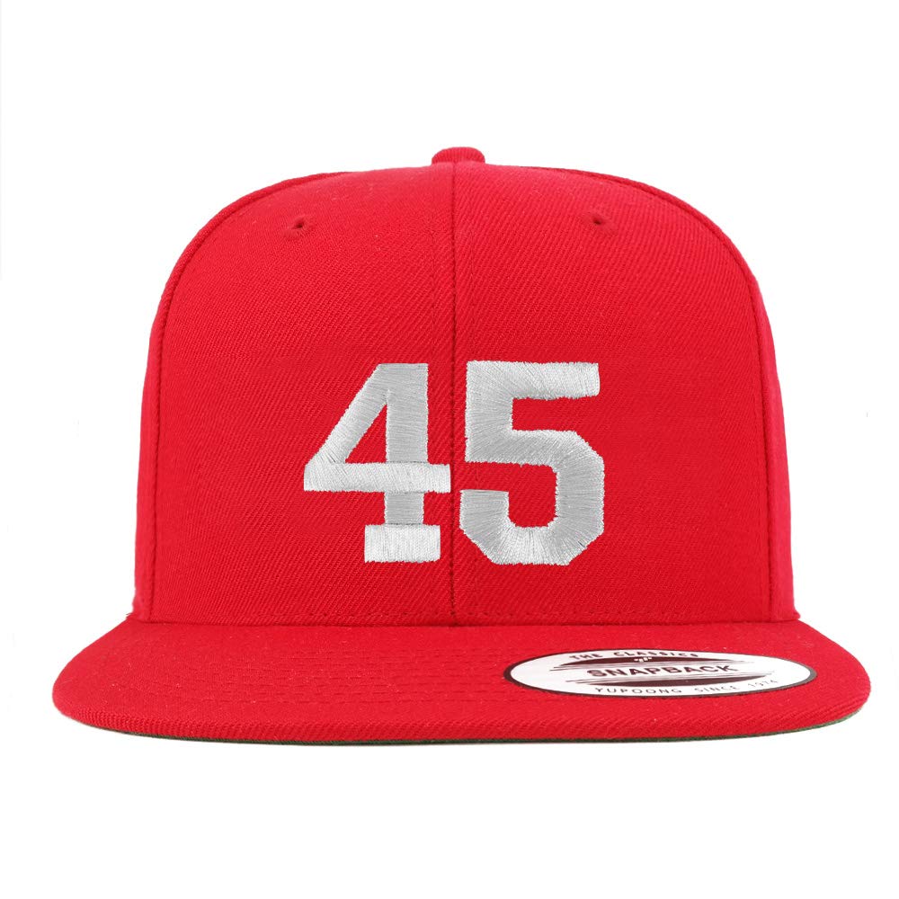 Number 45 White Thread Embroidered Flat Bill Snapback Baseball Cap - Red