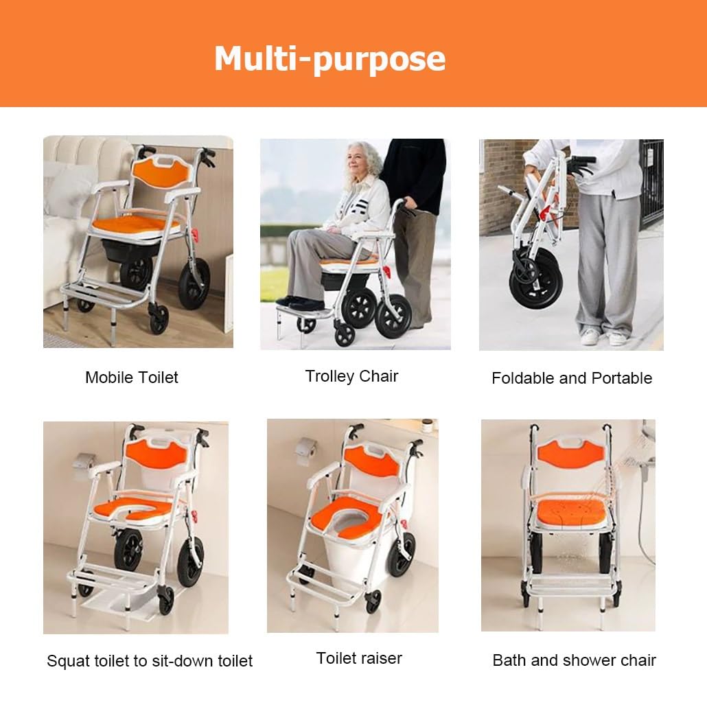 Comodino pieghevole con ruote, sedia da doccia imbottita con ruote e secchio for anziani, disabili, donne incinte(Black)