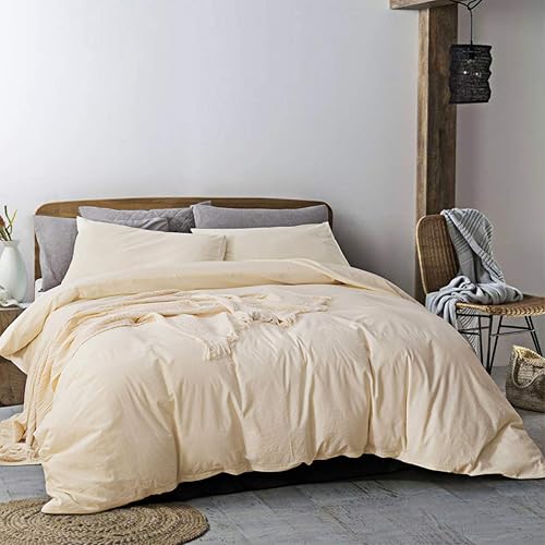 ECOCOTT Funda de edredón color crema, tamaño King, 100% algodón lavado, juego de ropa de cama de 3 piezas, 1 funda de edredón con cremallera y 2