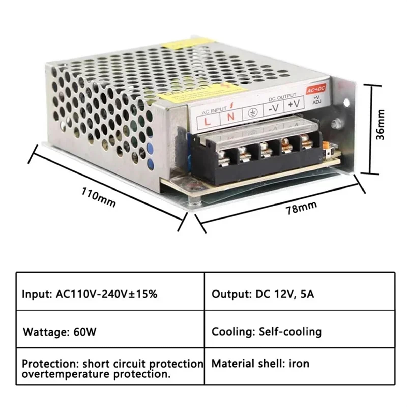 1 Unidad de Fuente alimentación AC/DC 5V, 12V y 24V, 1A, 2A, 3A, 5A, 6A, 8A, 10A, 15A, 20A 30A, for iluminación, 220V a(Dc24v,6 Years)