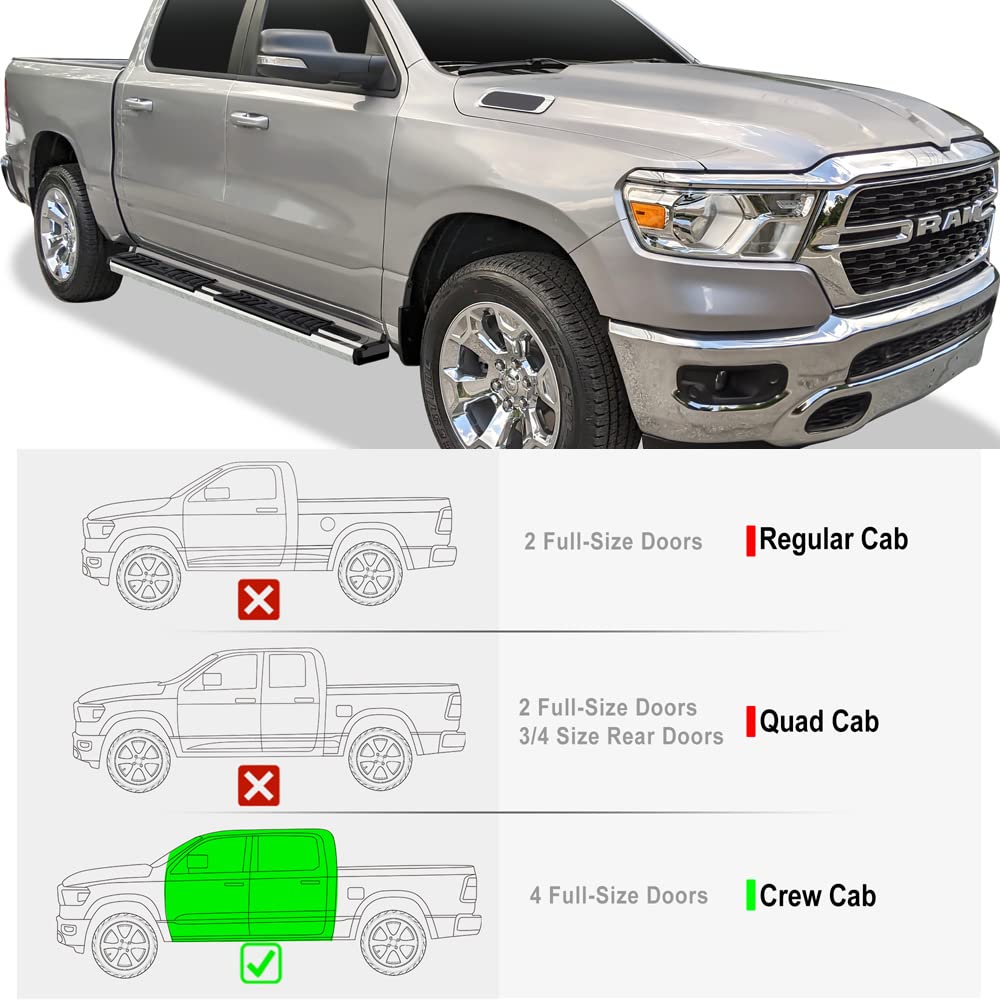 APS Chrome OE Style Nerf Bars Running Boards Compatible with Ram 1500 2019-2024 Crew Cab (Will Not Fit 2018 Previous Generation Build in 19-24)