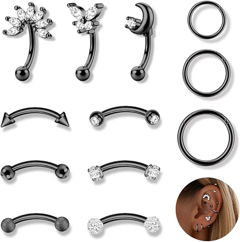 Ubjuliwa 12pcs 16G Rook Piercing Jewelry Eyebrow Rings Stainless Steel Belly Lip