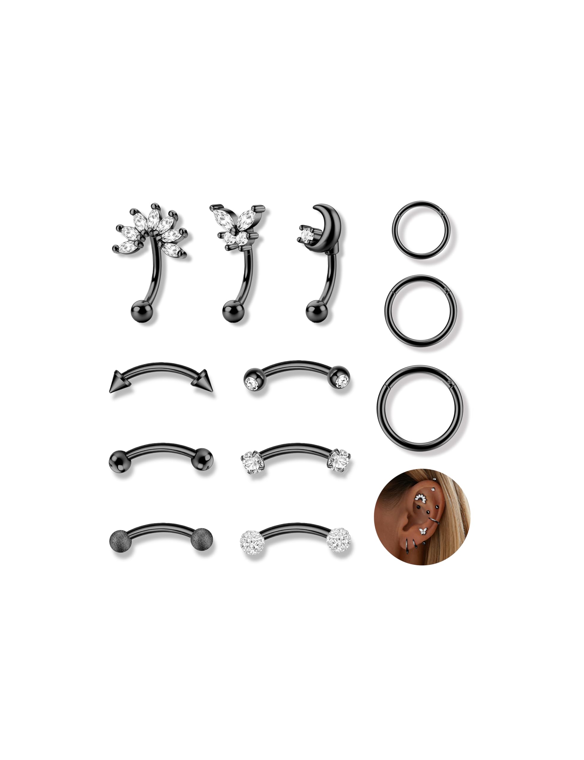Ubjuliwa 12pcs 16G Rook Piercing Jewelry Eyebrow Rings Stainless Steel Belly Lip Ring Cartilage Hoop Rook Daith Earrings Tragus CZ Body Piercing Curved Barbell