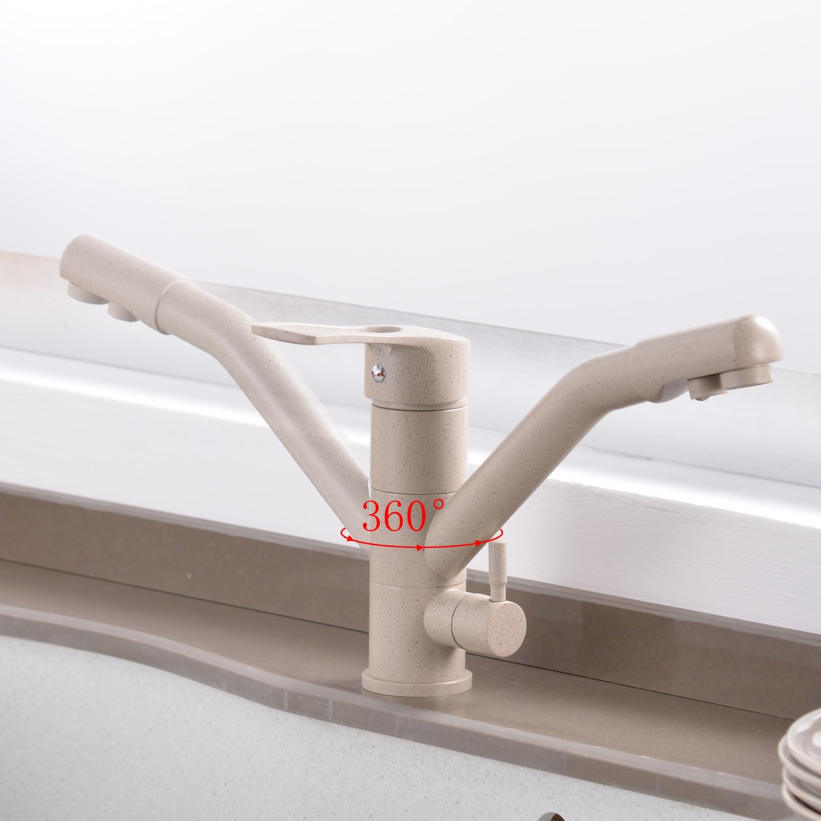 Genérico Grifo de Cocina para Agua Potable Grifo de Filtro de 3 Vías Color Avena para Fregadero de Cocina Giro de 360° Triflujo con 2 Manijas