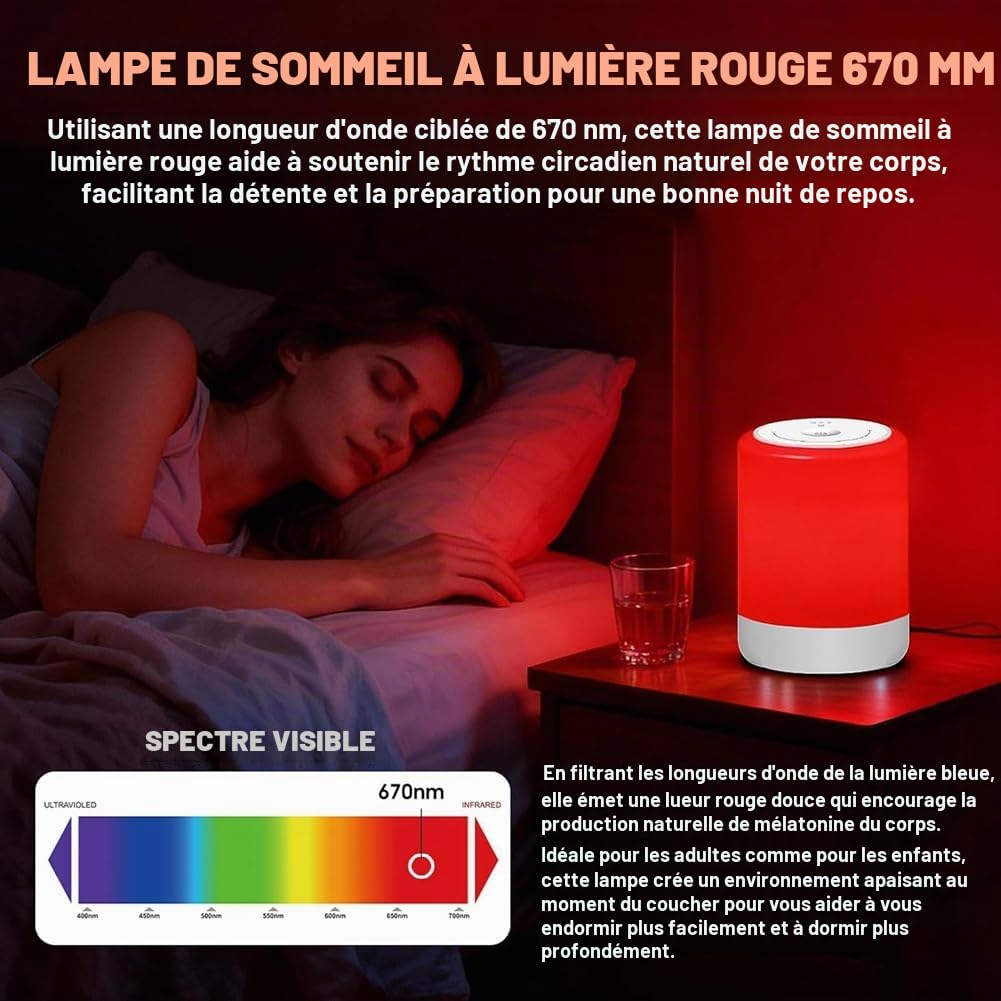 Fonction Aide au Sommeil et Lampe de Lumière du Jour, Thérapie par Lumière Rouge pour Le Sommeil, Lumières Nocturnes Rouges avec Longueur d'onde de 670nm, Type Tactile
