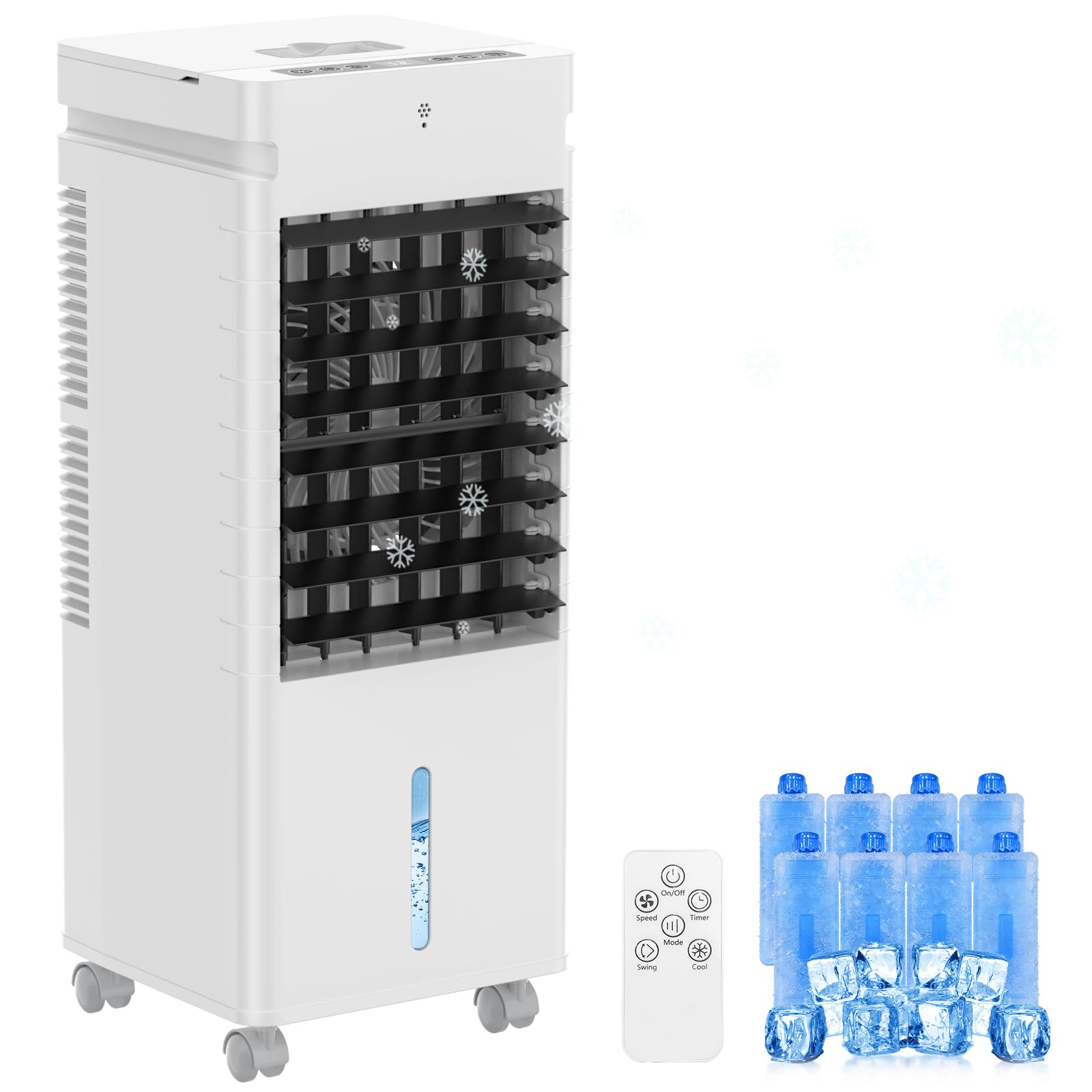 Aire Acondicionado Portátil y Mando,12 L Enfriador Evaporativo 4 en 1, 8 Compartimentos para hielo, 3 Velocidades, 120°Oscilación, Temporizador, Ventilador de Refrigeración para Casa, Oficina, Veran