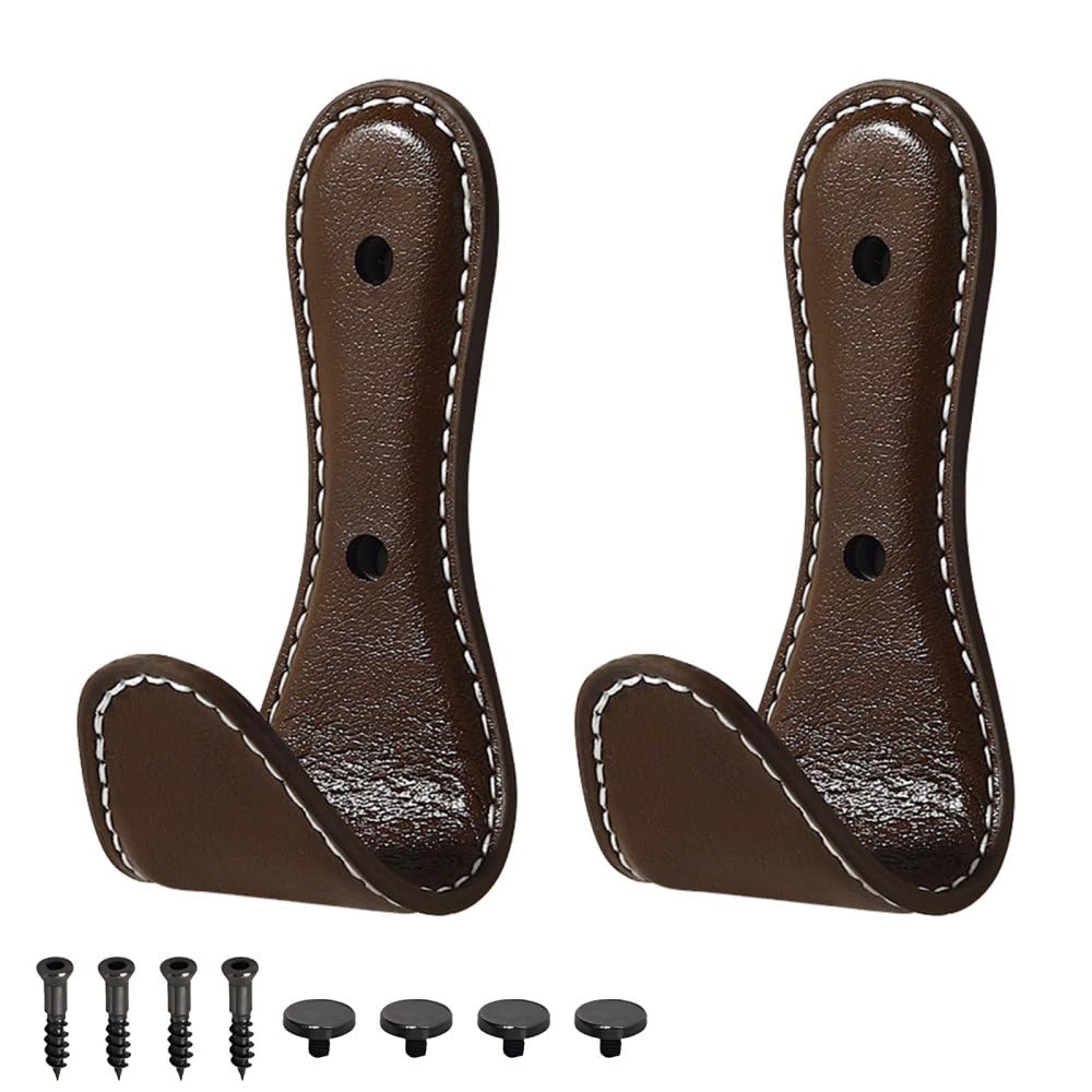 Mioyoow Round Hook Brown Coat Hook Wall Mount, 2Pcs Leather Cloth Hanger Hooks Premium Vintage Coat Racks For Robe Towel Hat Tie Bag Scarf