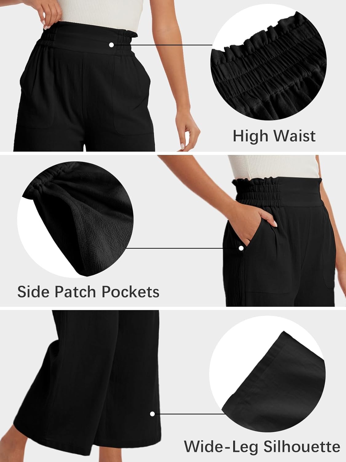 Les umes Women's High Waist Wide Leg Pants Cropped Cotton Summer Casual Trousers with Side Pockets - Image 5