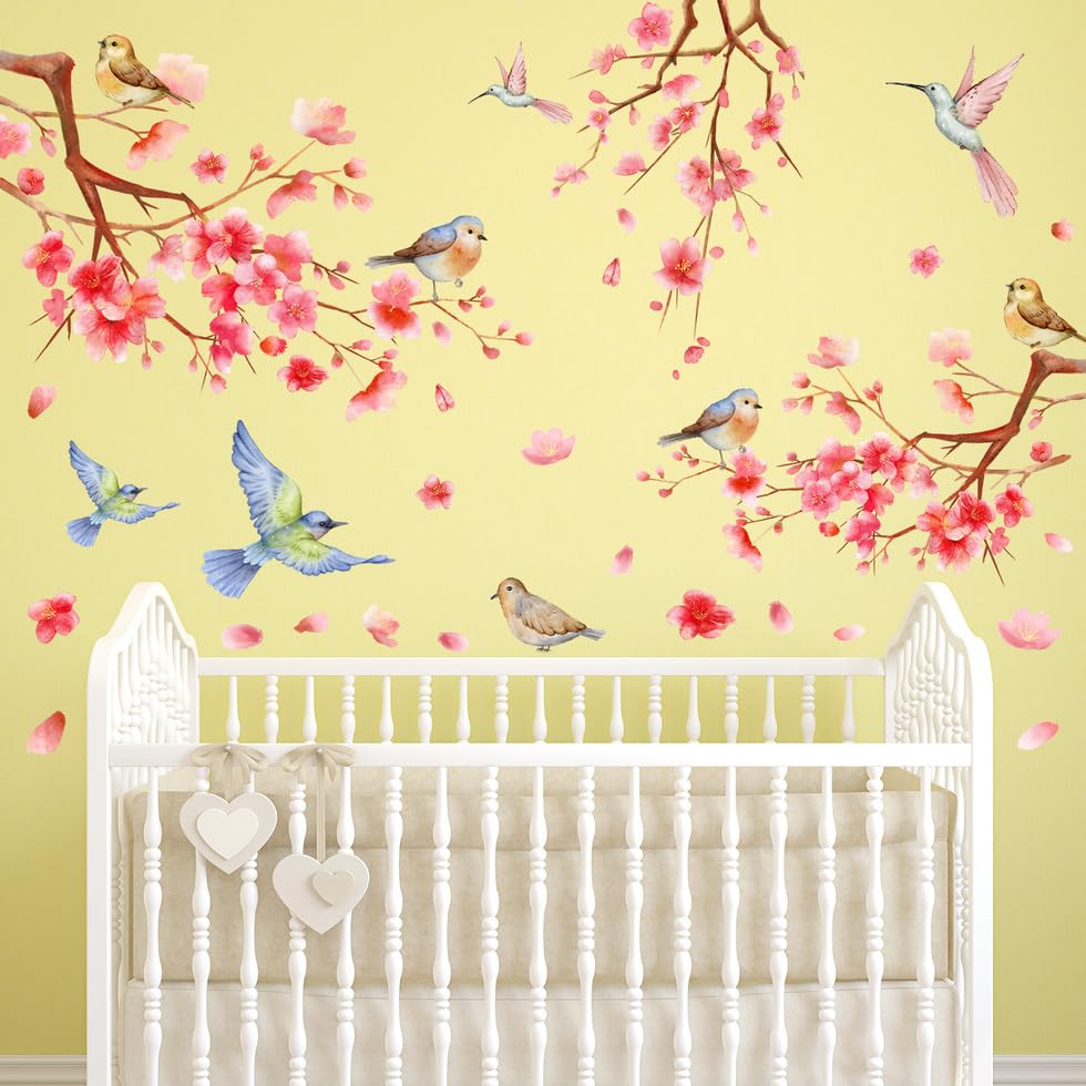 Vinilo decorativo rama diagonal rosa con aves miniatura 3