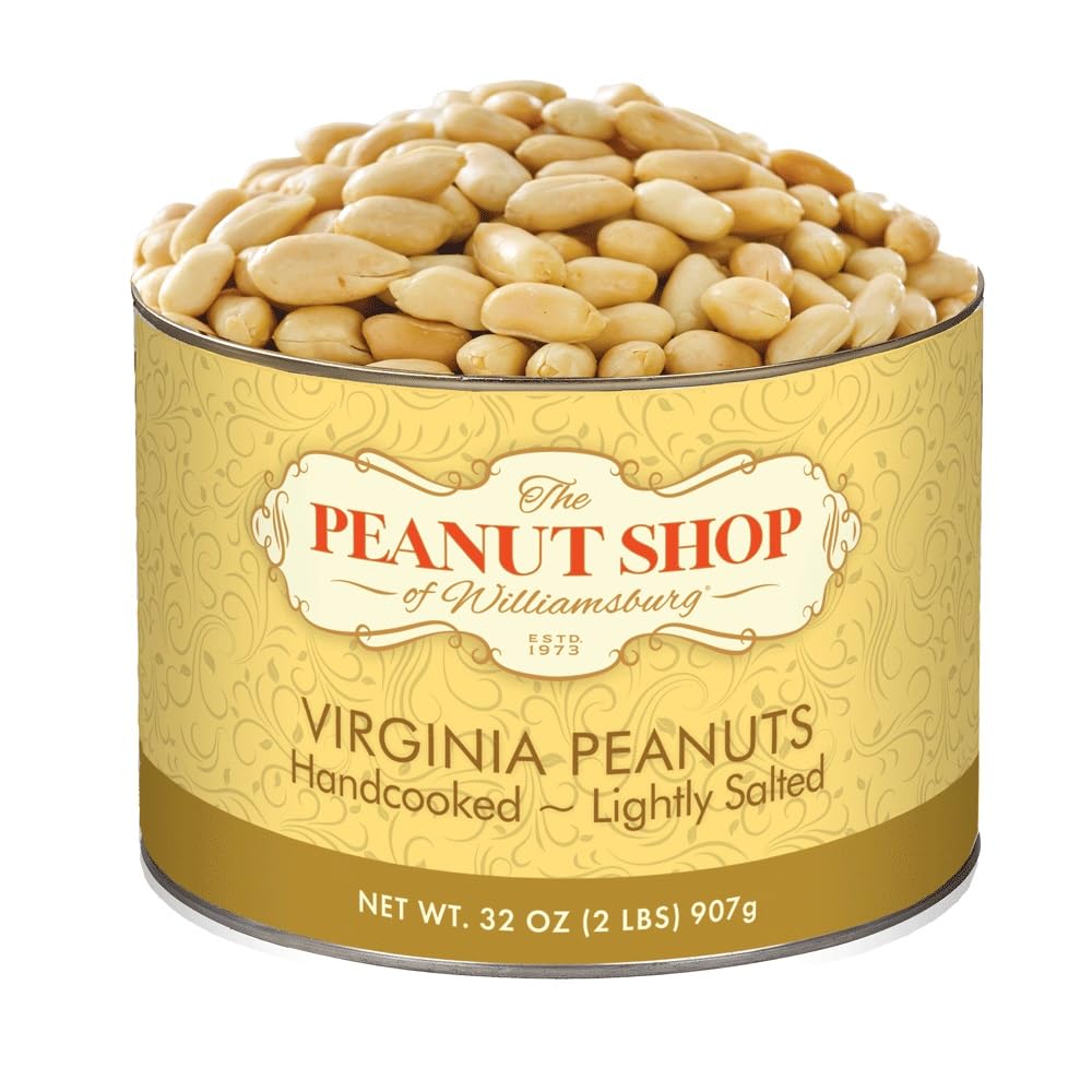 The Peanut Shop of Williamsburg Extra-Large Handcooked Lightly Salted Virginia Peanuts Williamsburg Peanuts Non-Gmo Kosher Gluten-Free No Preservatives - 32 Oz Tin