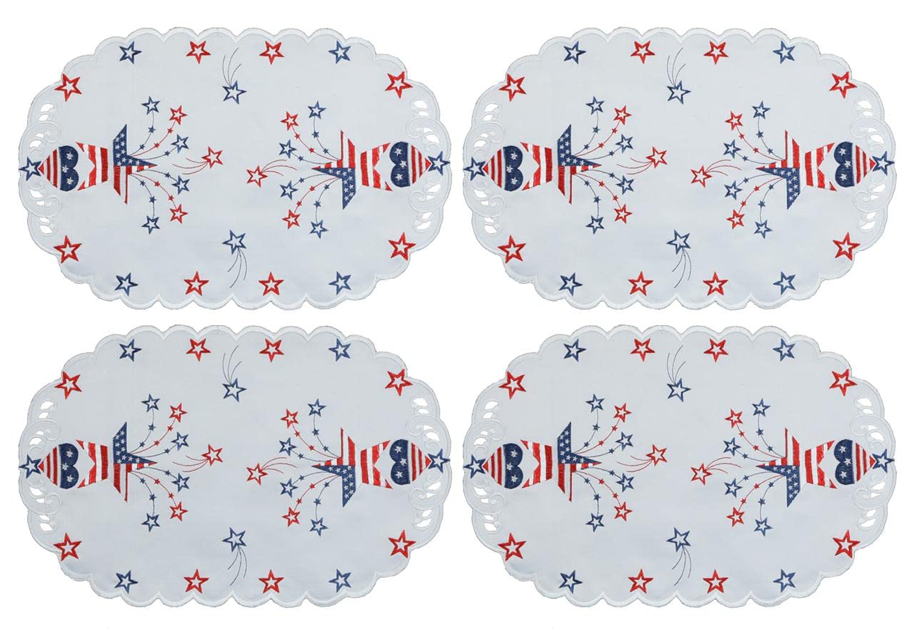 Creative Linens 4PCS 4th of July Independence Day Embroidered Patriotic Placemats 11x17 Oval Americana Tray Cloths White, Set of 4 Pieces for Holiday