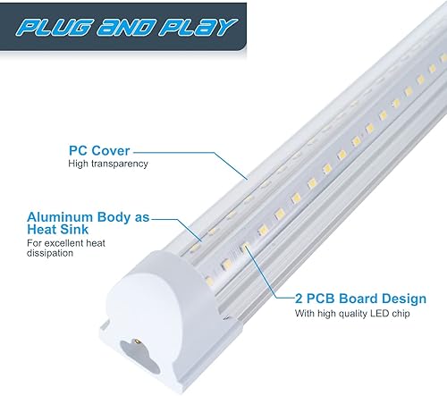 Miniatura 4 de Paquete de 6 luces LED T8 integradas para taller, en forma de V, 2 pies, 24 W, luz diurna blanca, 6ooook, triple fila, LED enlazable, tubo de luz