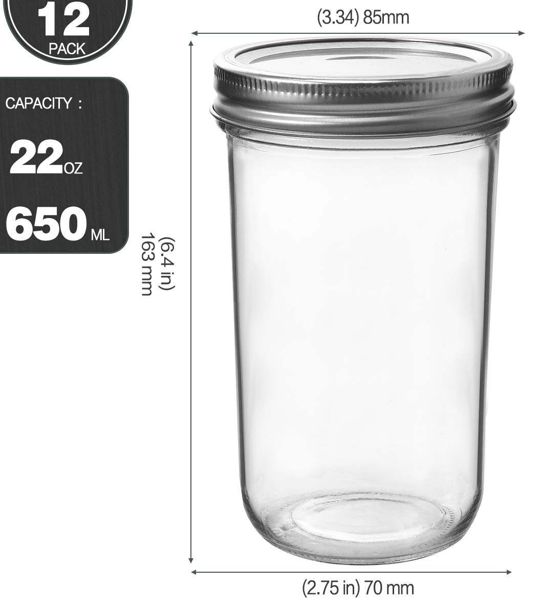 KAMOTA Wide Mouth Mason Jars 22 OZ With Wide Lids and Bands, Ideal for Jam, Pudding, Honey, Wedding Favors, DIY Spice Jars, Shower Favors,12 PACK, 12 Silver Pipette Covers Included