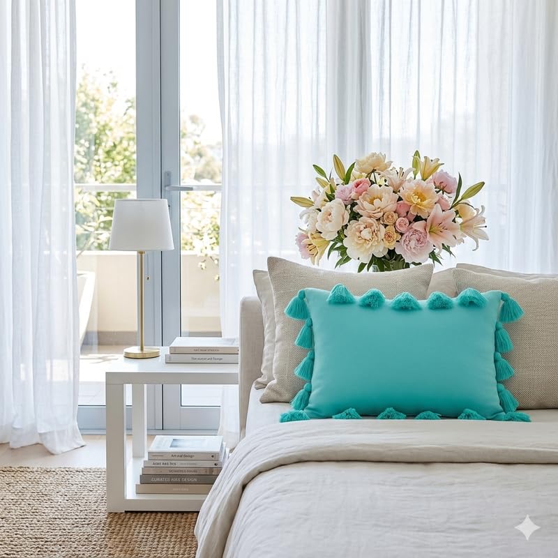 Image of WWW.THROWPILLOW.IN Caribbean Blue Green Big FullerTassels Trim Throw Pillow Cover, Solid Decorative Coastal Chic Accent Pillow for Sofa, Bed, Dorm Room Decor Rectangular Cushion 14x24 Inches