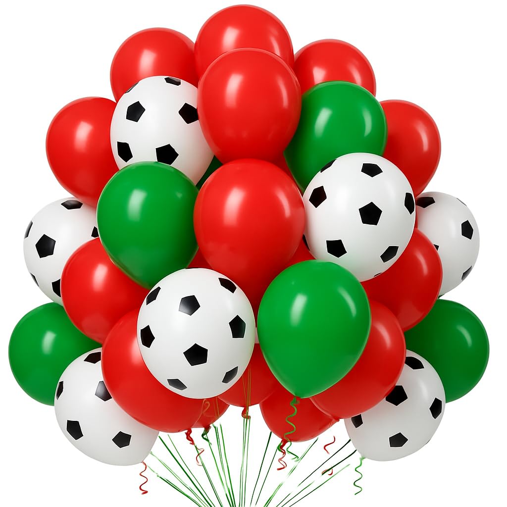 Red & Green Football Party Balloons 30 Pack 12 Inch Football Print Latex Balloon & 10 Inch Plain Red Green Balloons for Birthday Sports Kids Football Party Decorations