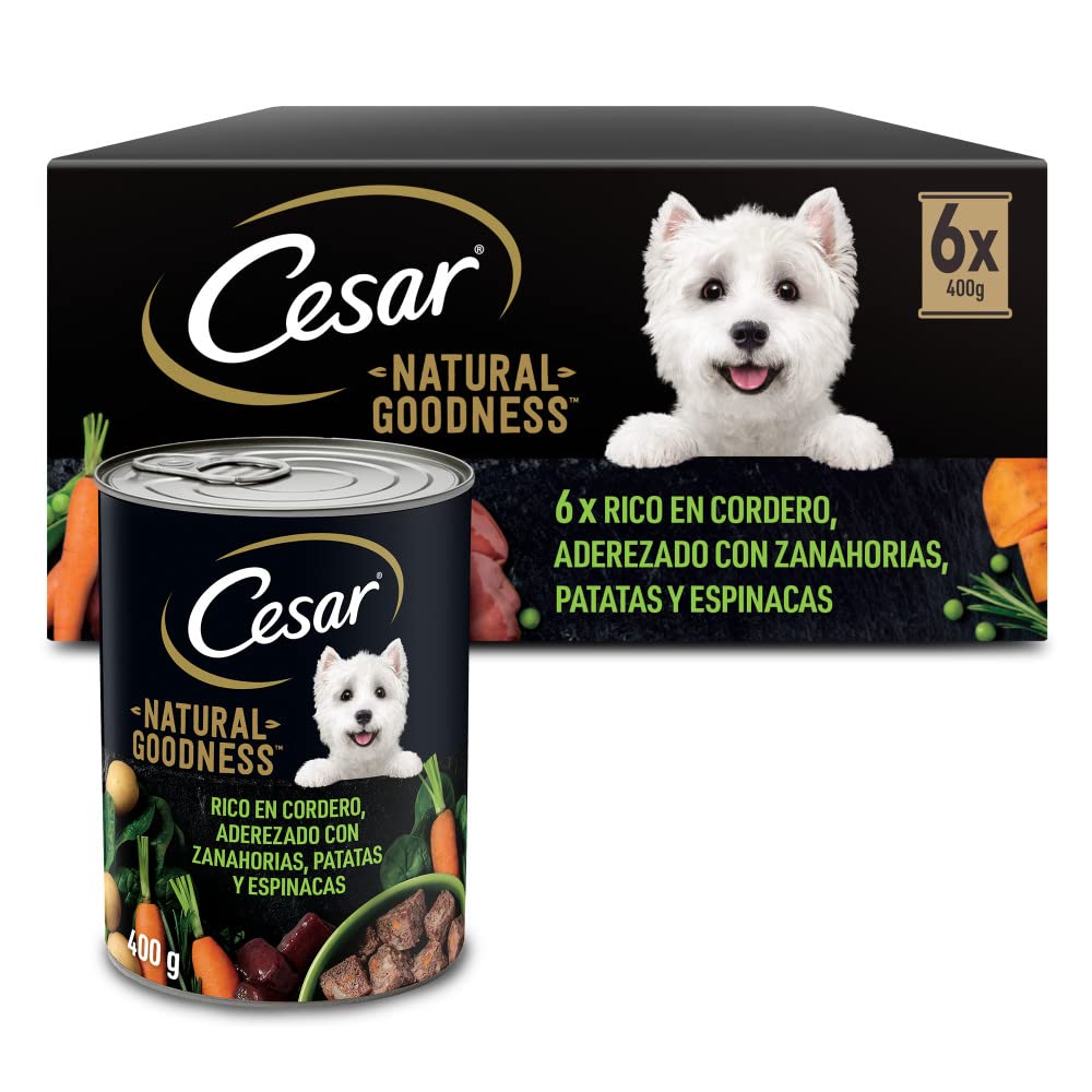 Cesar Natural Goodness Comida Húmeda para Perros Adultos con Cordero, Zanahorias, Patatas y Espinacas (Pack de 6 Latas x 400g)