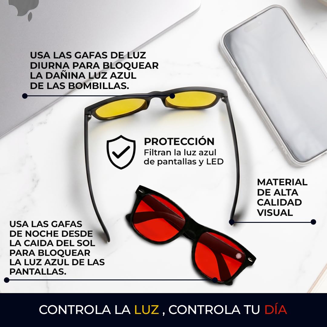 Set 2 Gafas luz azul | Amarillas y Rojas | Filtro de Luz Azul | Bienestar para tu Día y Noche | Reduce la Fatiga Visual | Regula el Sistema Nervioso a través de la Luz | Ordenador, Gaming y Descanso