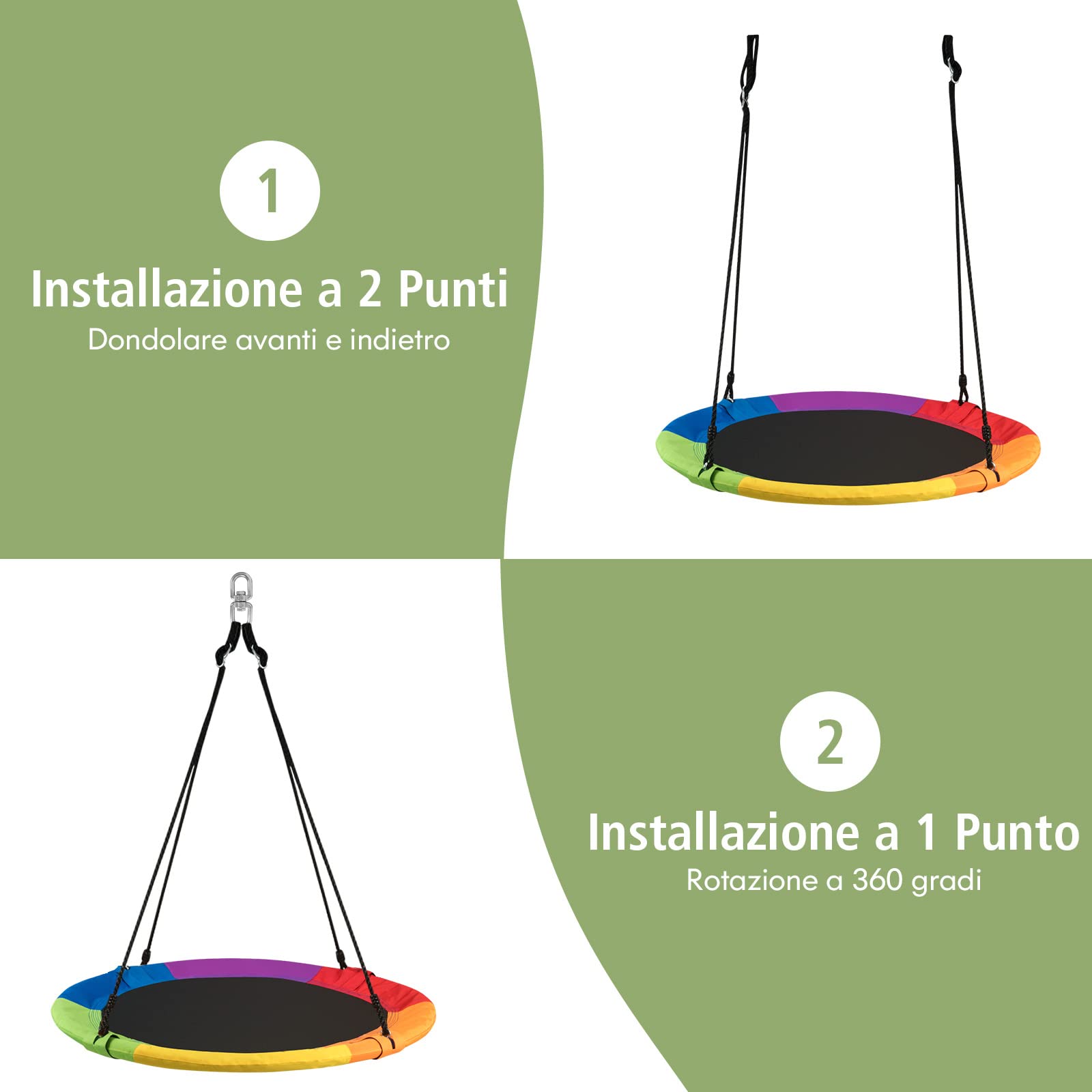 RELAX4LIFE Altalena da Giardino per Bambini, Altalena Rotonda a Nido per Esterno e Interno, Altezza Regolabile 100-180cm, per 2-3 Bambini, Carico massimo: 150kg (Colorato+Chinghia)