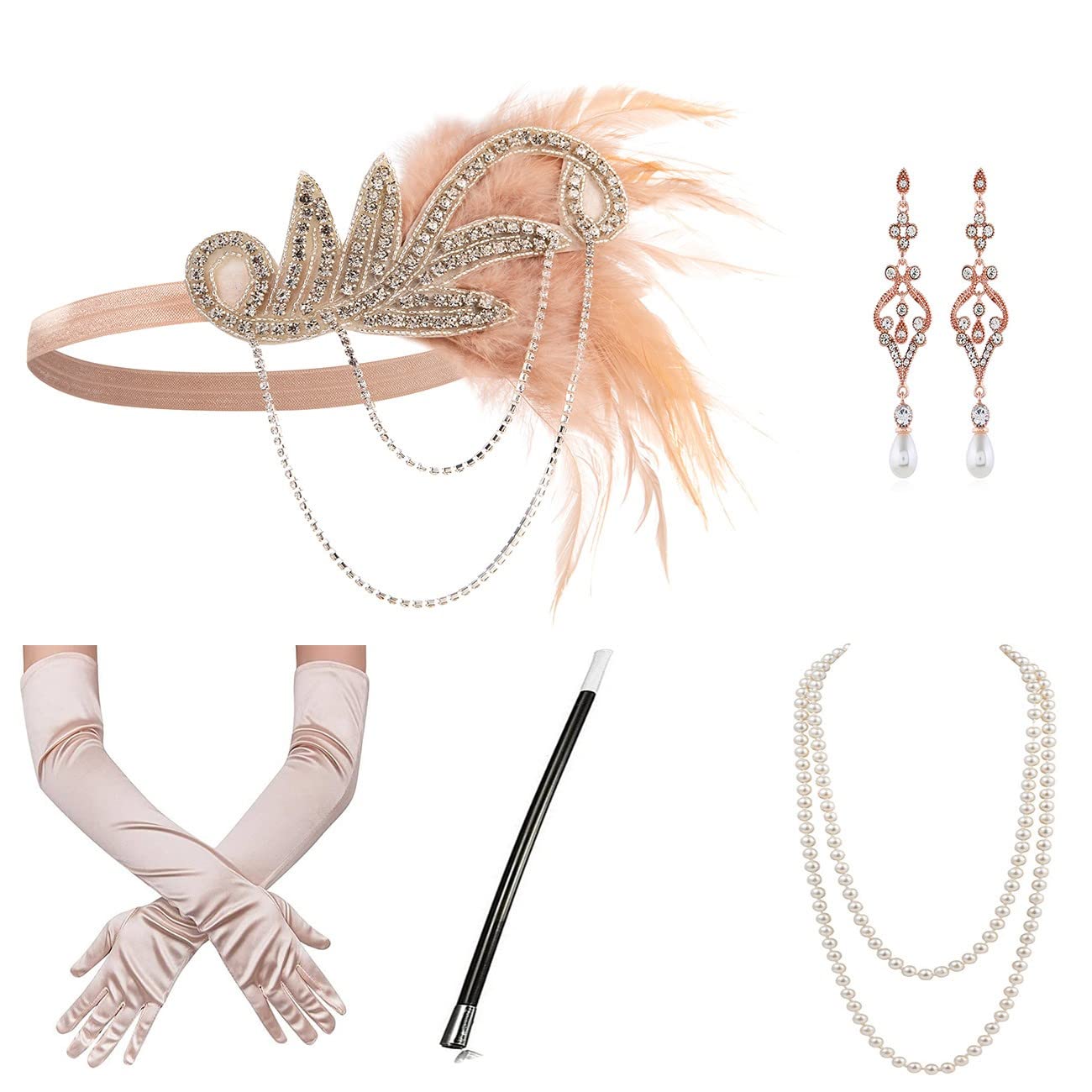 SAFERIN 1920s Flapper Headband Peacock Feather Accessory Set