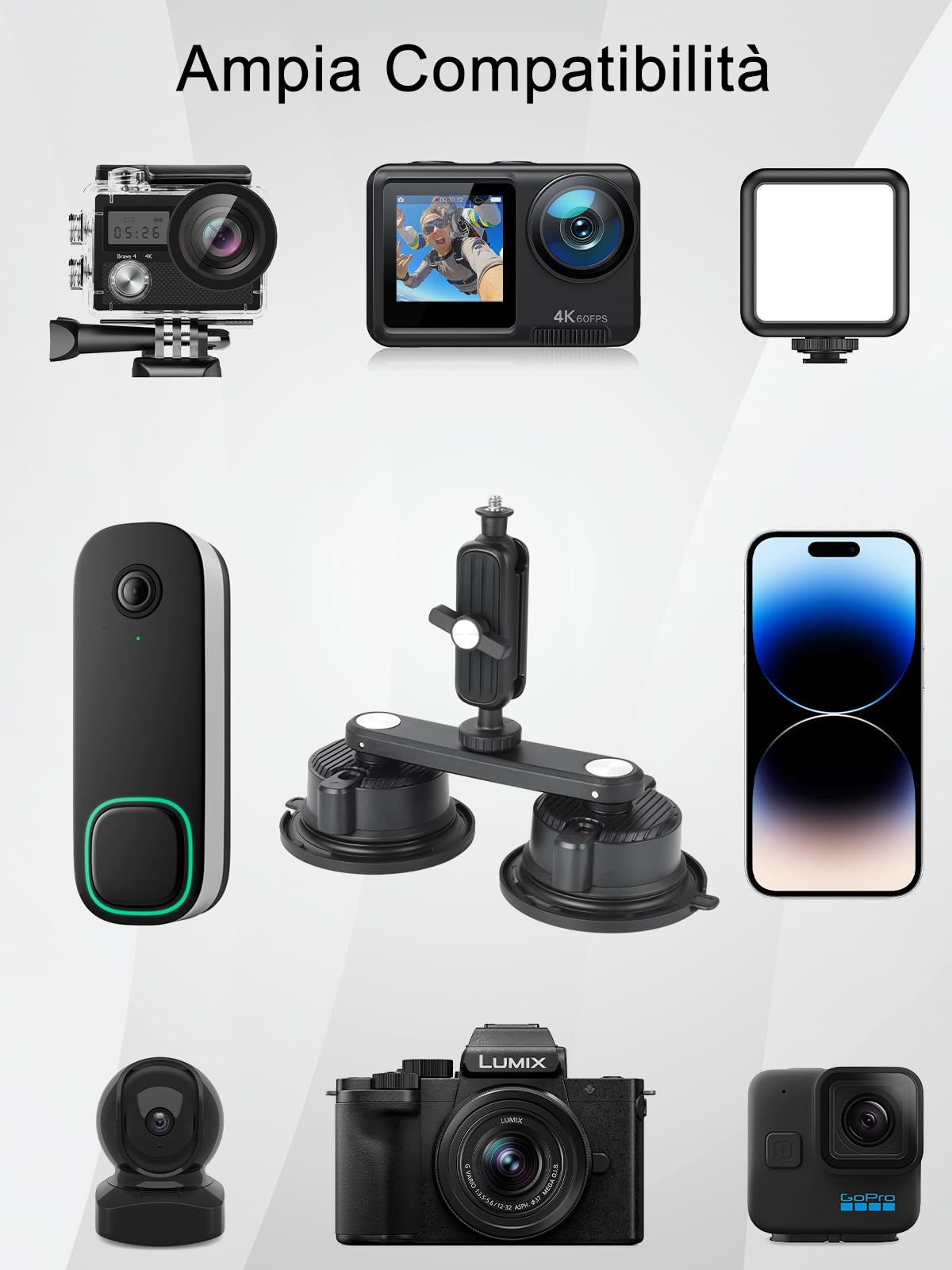 UTEBIT Supporto a Ventosa per GoPro, Supporto Fotocamera con Doppia Ventosa Magnetica, Magic Arm, Testa a Sfera Rotazione a 360°（Carico Massimo di 3 KG）