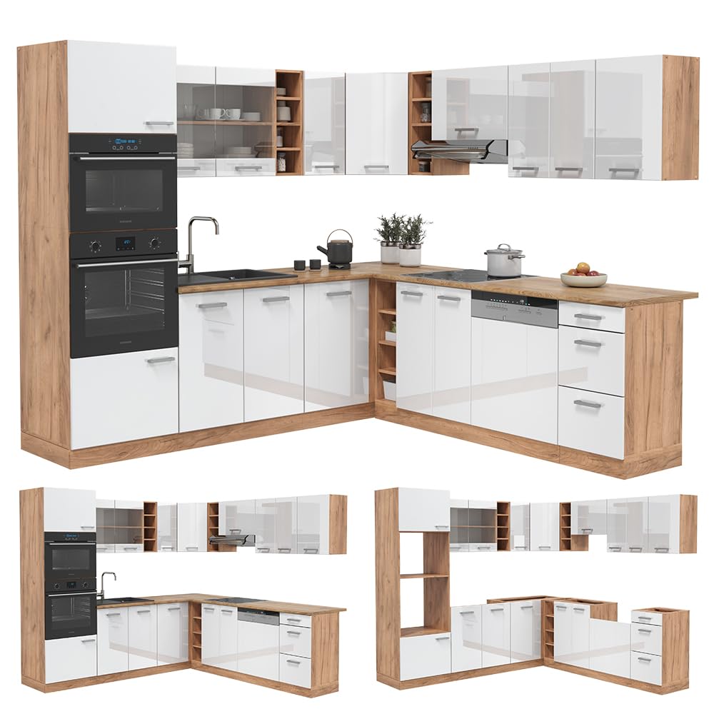 Vicco Cocina esquinera R-Line, Blanco Brillo Intenso/Roble Dorado, 247 x 46 cm sin encimera, para Montaje Individual y ampliación con módulos adicionales