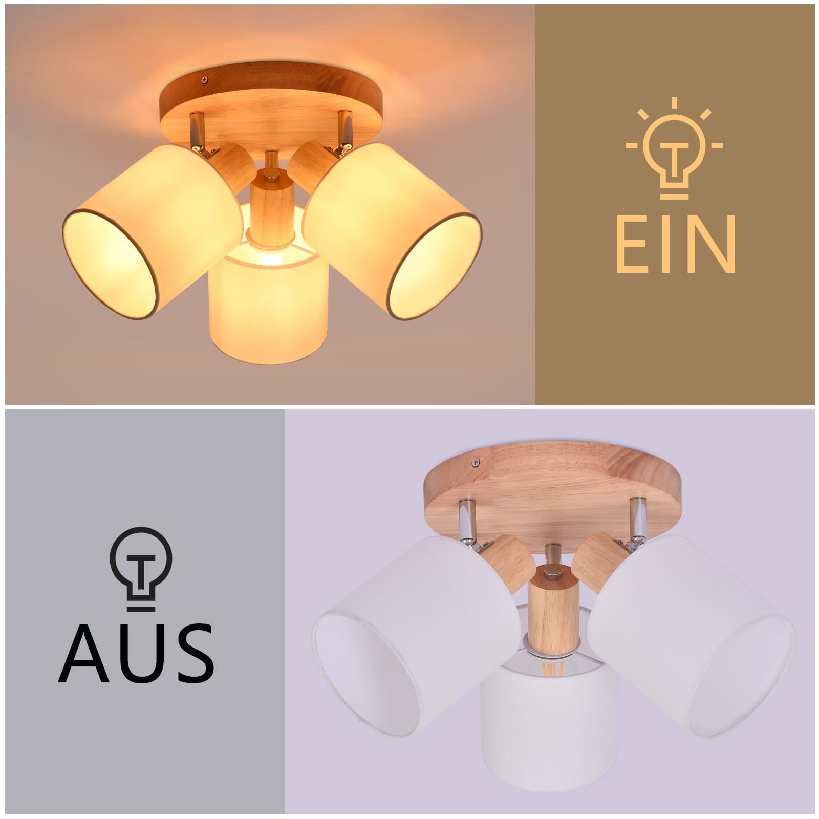Glitzerlife Lámpara de techo Madera 3 Focos de Techo Redondo E14 Retro | Giratorios Interior Iluminación Foco de Pared con Pantalla de Luz para Dormitorio Salón Cocina Pasillo (Sin Bombilla)