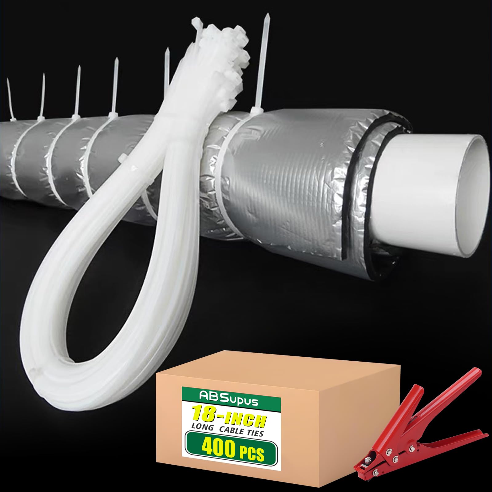 ABSupus 400 PCS Cable Zip Ties Heavy Duty 18 Inch with Cable ties Gun, Long Wire Ties-Industrial Durable Strong Cable Tie for Binding Fences, Awnings Tying Branches Bundling of Crops Fixed Water Pipes