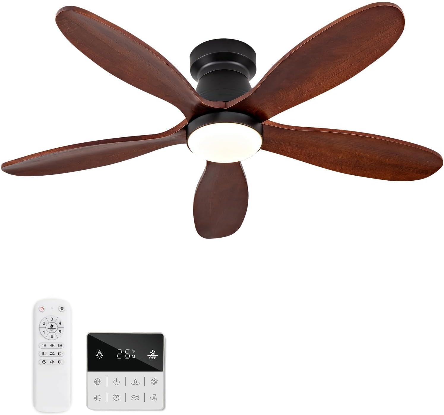 42 Inch Ceiling Fans with Lights and Remote, Low Profile Flush Mount Modern Wood Ceiling Fan with Light, 5 Blades, Wall Switch, Indoor Outdoor Ceiling Fan for Patio Dining Room