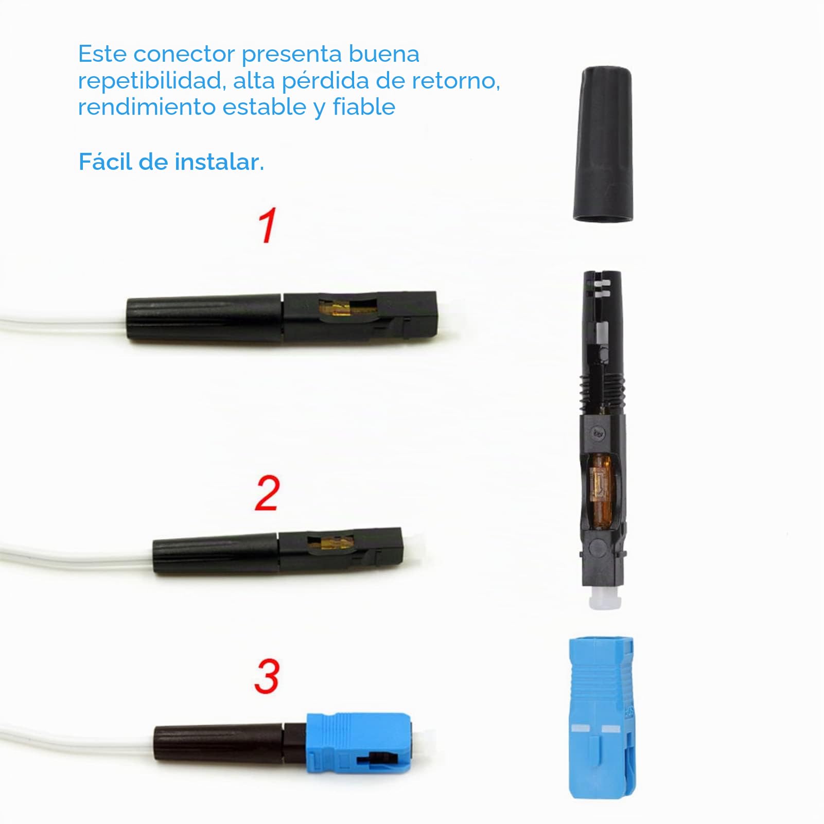 100 Piezas Conector Rápido de Fibra SC, Conector de Fibra Optica SC Conectores Reutilizables de Fibra Conector SC de Montaje Rápido Monomodo para FTTH, Red de Area Local de Fibra Optica
