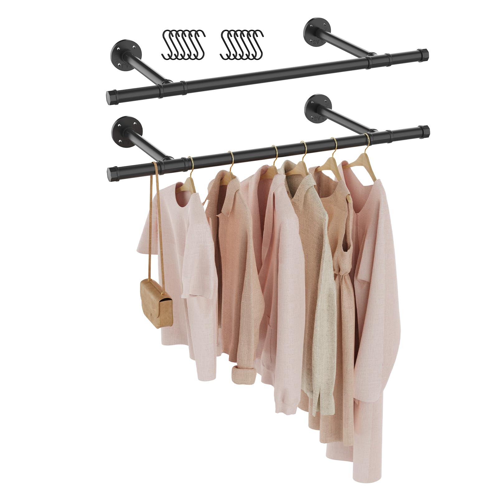 GUOHNHE Industrial Pipe Clothes Rail, Metal Garment Rack Wall Mounted, Heavy Duty Retro Wardrobe Pole, Clothing Hanger