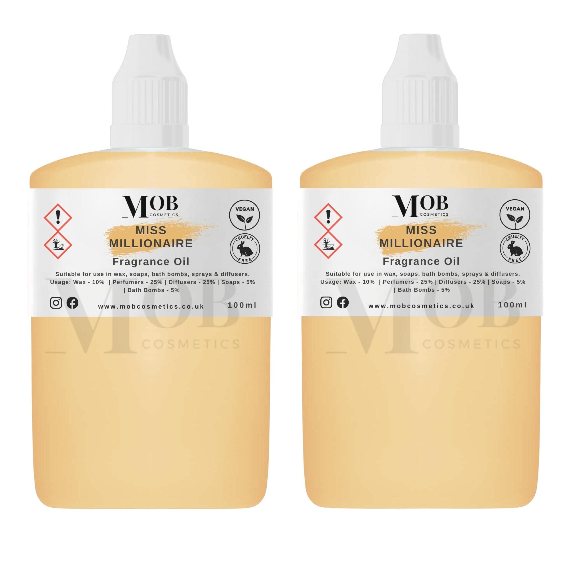 Miss Millionaire Luxury and Designer Fragrance Oil | Highly Concentrated | Perfect for Candles, Soaps, Bath Bombs, Diffusers, Wax Melts | UK Made | Vegan (Miss Millionaire, 100ml (Pack of 2))